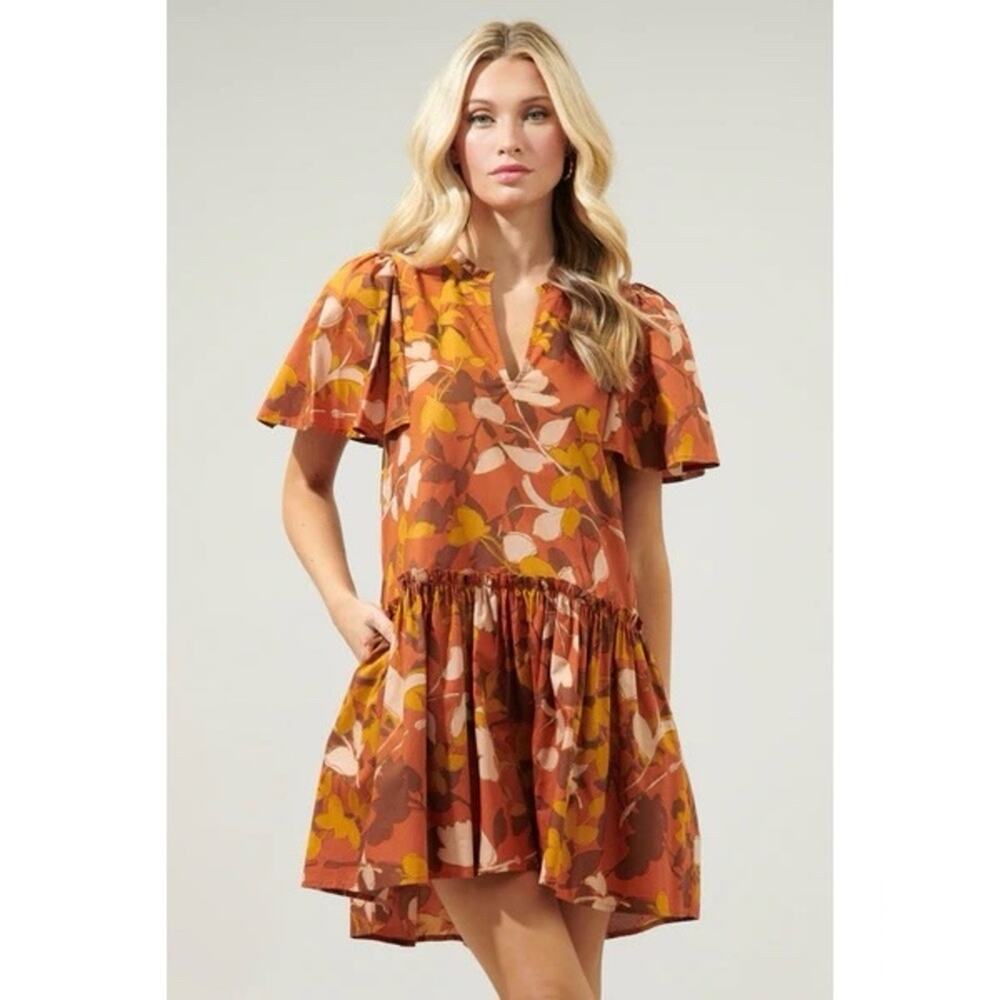 NWT Sugarlips Autumn Floral Mini Dress Khol Maple Rock orange brown hues size XS